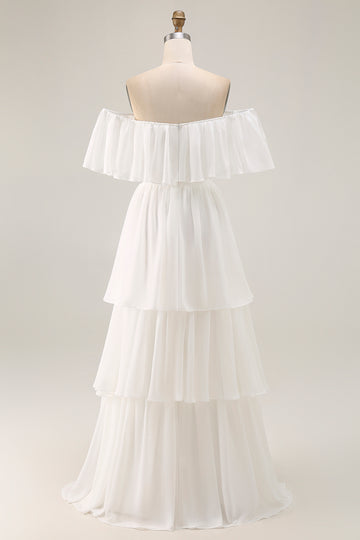 White Off the Shoulder Ruffle Chiffon A Line Wedding Dress